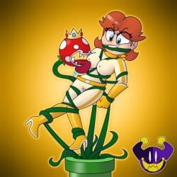 blue_eyes bondage bound bound_arms female gagged gradient high_heels nintendo piranha_plant princess_daisy red_hair restrained solo tentacle