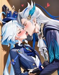 1boy 1girls ai_generated blush closed_eyes female french_kiss furina_(genshin_impact) genshin_impact heart kabedon kissing making_out male male/female neuvillette_(genshin_impact) pointy_ears saliva saliva_string straight tongue tongue_kiss tongue_out white_hair