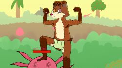 anthro balls cherno cherno_(cherno) clothing deer dork genitals hi_res male male_only mammal presenting skinny slime solo stomping thong underwear