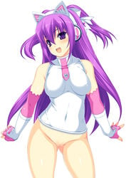 :d animal_ears arms bare_shoulders beatmania beatmania_iidx blush bottomless breasts cat_ears censored clothed_navel elbow_gloves female fingerless_gloves gloves hair_between_eyes headphones hips impossible_shirt kinoshita_ichi long_hair mizushiro_celica mosaic_censoring mound_of_venus open_mouth purple_eyes purple_hair pussy simple_background solo standing thighs white_background