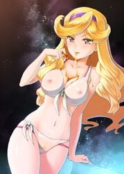 bikini blonde_hair breasts cleavage erect_nipples female food hairband honey honey_(space_dandy) long_hair nipples see-through see-through_bikini solo space_dandy squeezycow star tongue yellow_eyes