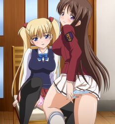 airi_akizuki blonde_hair blue_panties bow censored clothing female female_only human invitation inviting looking_at_viewer marina_akizuki multiple_females oni_chichi panties panties_aside pink_panties pussy pussy_peek school_uniform screencap skirt stepdaughter stockings tagme