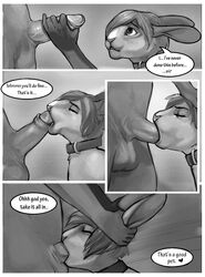 anthro balls big_penis collar comic dialog domination ear_grab english_text erection forced forced_oral fur furry gay handjob head_grab heart lagomorph male monochrome nude oral oral_sex penis rabbit sex text theowlette uncut