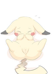 blush closed_eyes female feral fur kajiura lying nintendo on_back pikachu plain_background pokemon presenting_pussy pussy solo spread_legs spreading sweat video_games white_background yellow_fur