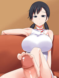 bare_shoulders barefoot black_eyes black_hair breasts censored china_dress chinese_clothes clothing crossover devil_survivor_2 dress feet female footjob high_resolution huge_breasts kanno_fumi large_breasts legs long_hair ourakutei penis shuntarou_sako simple_background sitting smile sofa soles thighs tied_hair toes twintails