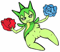 blush breasts female flower furry green_eyes green_nipples green_skin navel nintendo no_humans pokemon pokephilia pussy rose roselia small_breasts swizzle video_games