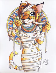 2003 anthro breasts ear_piercing egyptian feline female fur furry high_resolution looking_at_viewer michele_light mummy nipples piercing pinup skimpy solo traditional_media undead