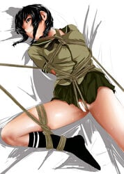 arm_behind_back artist_request black_hair black_socks bondage bottomless censored female kantai_collection kitakami_(kantai_collection) knee_socks kneehighs kneesocks lying no_panties rope socks solo spread_legs striped_socks sweat thighs uniform