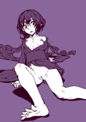 asymmetrical_wings breasts breasts_apart censored feet female foreshortening japanese_clothes kimono legs looking_to_the_side monochrome nipples no_panties nue_houjuu obi off_shoulder on_ground open_kimono pointless_censoring purple_background purple_eyes pussy short_hair simple_background sitting small_breasts solo spread_toes thupoppo toes touhou wide_eyed wings