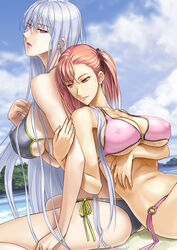 beach bikini breasts large_breasts long_hair morisu multicolored_hair red_eyes riela_marcellis selvaria_bles side_ponytail silver_hair swimsuit valkyria_chronicles valkyria_chronicles_1 valkyria_chronicles_3