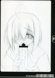 ahoge blush censored clothing fellatio graphite_(medium) hair_over_one_eye highres mahou_sensei_negima! miyazaki_miyako monochrome oral penis suzuri traditional_media