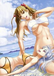 aliasse alicia_melchiott beach bikini bow breasts brown_hair large_breasts long_hair morisu red_eyes silver_hair small_breasts swimsuit tied_hair twintails valkyria_chronicles valkyria_chronicles_1 valkyria_chronicles_2