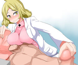 blonde_hair blush breast_press breasts censored clothing devil_survivor_2 erection female handjob high_resolution huge_breasts labcoat looking_down lying nude ourakutei penis short_hair simple_background smile towel yanagiya_otome yellow_eyes