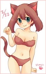 animal_ears bikini blush breasts brown_hair cat_day cat_ears catgirl cleavage female hagino_aki hair human human_only kemonomimi_mode may_(pokemon) navel nintendo pawprint plain_background pokemon skimpy smile solo teal_eyes video_games white_background