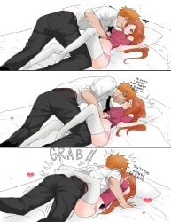 1boy 1boy1girl 1girls bed big_breasts bleach bleach:_the_thousand-year_blood_war breasts busty canon_couple cinderserra clothing couple curvy cute dialogue embrace exposed_midriff female hugging ichigo_kurosaki imminent_sex inoue_orihime leg_lock legs_around_partner long_hair male midriff on_back orange_hair panties pants romantic shirt shirt_lift short_hair suggestive thick_thighs thighhighs