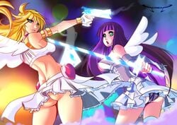 2girls angel angel_wings ass hourglass_figure no_panties panties panty_&_stocking_with_garterbelt panty_anarchy purple_panties seonidas sisters stocking_anarchy upskirt