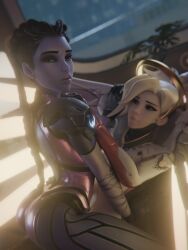 2girls 3d blizzard_entertainment clothed clothed_female female fraxxlr french_female light-skinned_female mercy overwatch overwatch_2 purple_skin sitting sitting_on_lap sitting_on_person tagme widowmaker