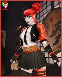 clown clown_girl clussy dc_comics fortnite harley_quinn harley_quinn_(fortnite) jacket_open leggings partially_clothed skirt slymyguy solo_female white_body white_skin