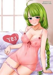 1girls 2024 ahoge areolae_visible_through_clothing artist_name artist_signature babydoll bed bed_sheet blue_eyes blush blush_lines braid breasts covered_navel covered_nipples dated eyebrows eyebrows_visible_through_hair eyelashes eyelashes_visible_through_hair green_hair half-closed_eyes kamiya_tadato kantai_collection light_blush lingerie long_hair looking_at_viewer medium_breasts mole mole_under_mouth nipples on_bed panties panty_pull pillow pink_babydoll pink_panties see-through_clothing signature single_braid sitting smile solo tareme underwear very_long_hair white_bed_sheet white_pillow window window_light yes yes-no_pillow yuugumo_(kantai_collection)