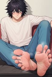 ai_generated barefoot barefoot_under_trousers black_hair blue_jeans blush blushed_soles cute death_note feet fetish gay l_lawliet male male_feet male_foot_fetish male_only pale_skin sitting solo sweaty_feet toes