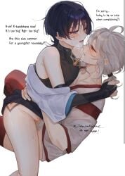 apologizing big_penis dialogue grabbing_ponytail heavy_breathing indigo_eyes indigo_hair kaedehara_kazuha moaning platinum_blonde_hair pussy_juice red_eyes red_streak scaramouche_(genshin_impact) sitting_on_lap sitting_on_penis tagme tight_pussy vaginal_penetration whining