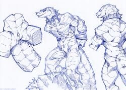 animal_genitalia anthro arms_tied arms_tied_behind_back big_penis biped bound collar crocodile crocodilian erection genital_slit genitals hatching_(art) hi_res ket-dawnatsunset male muscular muscular_anthro muscular_male nude pecs pen_(artwork) penis rear_view reptile scalie shaded simple_background solo spiked_collar spikes tail traditional_media_(artwork) white_background