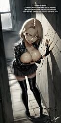 abandoned_building ai_generated anime_style blonde_hair blood blurry breasts_out clawed_fingers cracked_wall cum cum_drip cum_on_body cum_on_breasts female folklore gloves high_heels horror leather leather_boots leather_clothing leather_jacket nipples over_the_knee red_eyes skirt supernatural teeth_showing text text_bubble vampire vampire_girl