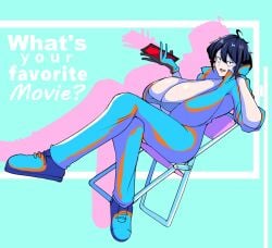 1girls 30th_video_rentals breasts female gloves hair_between_eyes huge_breasts indie_virtual_youtuber jumpsuit kataochi_chuuko legs_crossed on_chair samesameoishi strapless text virtual_youtuber