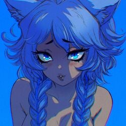 bare_chest bare_shoulders blue_background blue_eyes blue_hair blush braid braided_hair embarrassed embarrassed_nude_female full_lips half-closed_eyes kuutuber_(artist) lips_parted looking_at_viewer looking_up lumi_(merryweather) no_clothes slit_pupils virtual_youtuber vtuber wolf_ears wolf_girl wolf_tail