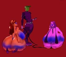 beast_boy blueberry_inflation bondage collar domination inflation jigglywiggly leash male_dominating_female male_domination pimp puppyplay raven_(dc) starfire submissive submissive_female thick_ass thick_thighs