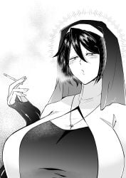 1girls 2d 2d_(artwork) big_breasts black_and_white breast_focus breasts cigarette clothed digital_media_(artwork) female female_focus female_only fully_clothed grayscale hair_between_eyes huge_breasts kataochi_chuuko large_breasts nun's_habit otobe_n religious religious_clothing smoking solo solo_female solo_focus