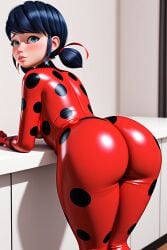 1female 1girls ai ai_generated ass bending_over bent_over big_ass blush elbows_on_table fat_ass ladybug_(character) latex marinette_dupain-cheng miraculous:_tales_of_ladybug_and_cat_noir miraculous_ladybug red_clothing short_hair shy tagme thick thick_thighs