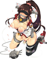 arms_behind_back bit_gag blindfold bondage breasts brown_hair convenient_censoring dildo female gag kantai_collection kneeling long_hair milking_machine mizuki_makoto nipples ponytail pussy rope solo spreader_bar tied_hair yamato_(kantai_collection)