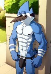 abs ai_generated anthro anthro_male avian biceps bird blue_fur blue_jay blush cartoon_network furry gay jockstrap jockstrap_only looking_at_viewer male male_only mordecai_(regular_show) muscular muscular_male nipples pecs regular_show smile toned_body toned_male twall97