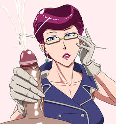 bar_censor blue_eyes censored cum dark-skinned_male dark_skin earrings ejaculation female glasses gloves hair_up handjob interracial jewelry male ml penis purple_hair scarlet_(space_dandy) space_dandy unseen_male_face veiny_penis