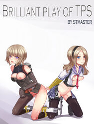 2girls arms_behind_back blonde_hair blue_eyes blush bondage bound_arms bound_legs bound_wrists breasts female flamethrower kneeling knife long_hair looking_at_viewer multiple_girls navel nipples open_mouth purple_eyes pussy red_tie school_uniform serafuku short_hair spread_legs stmaster tape tape_bondage taped_arms taped_legs thighhighs tie torn_clothes uncensored