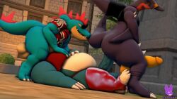 3boys 3d 3d_(artwork) animal_feet animal_penis artist_logo artist_name ass ass_grab bald blurry bush claws closed_mouth colored_sclera colored_skin crocodilian day dutch_angle erection fat feraligatr from_side full_body furry furry_male garchomp green_skin group_sex happy huge_cock indoors interspecies lizard_tail long_sleeves looking_at_another lying male_focus multicolored_skin multiple_boys muscular_male nintendo nude open_mouth outdoors penis pokémon_(species) pokemon qualske98 sex sharp_teeth signature smile snorlax spikes standing tagme tail teeth thick_thighs thighs threesome two-tone_skin uncensored veins veiny_penis video watermark yaoi