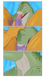 absurd_res anthro anthro_on_anthro bodily_fluids brill_(vedrax) closed_eyes cum cum_in_mouth cum_inside deeks dinosaur drinking drinking_cum duo first_person_view genital_fluids genitals green_body hadrosaurid half-closed_eyes headpat hi_res iguanodon iguanodontid licking male male/male mishajeans narrowed_eyes neck_bulge oral oral_penetration orange_body ornithischian ornithopod parasaurolophus penetration penile penis penis_lick prehistoric_species purple_penis reptile scalie sex spikes swallowing tongue yellow_eyes