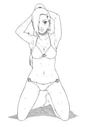 armpits arms_up bikini breasts cleavage feet greyscale groin hair_over_one_eye highres ino_yamanaka long_hair medium_breasts monochrome naruto naruto_(series) navel smile stomach swimsuit thighs tokai underwear white_background