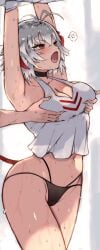 2025 arknights armpits arms_up blush breast_grab breast_grab_from_behind breasts cameltoe cleavage female from_behind grabbing_breasts groping groping_breasts hi_res horns irritated no_bra panties plastic_night_q short_hair standing sweat t-shirt tank_top w_(arknights) waking_up white_hair yawn yellow_eyes