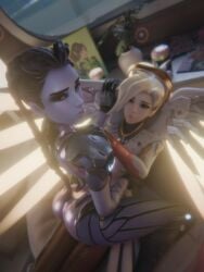 2girls 3d blizzard_entertainment clothed clothed_female female fraxxlr french_female light-skinned_female mercy overwatch overwatch_2 purple_skin sitting sitting_on_lap sitting_on_person tagme widowmaker