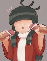 antenna_hair black_hair blush censored cum cum_string dark-skinned_male double_handjob facial full-face_blush hair_over_eyes handjob highres hime_cut long_hair majestic_prince parted_lips payot penis thing_(athing) turtleneck veins veiny_penis yamada_peko