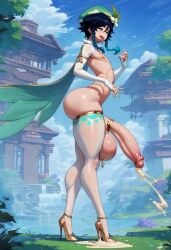 ai_generated ass cum ejaculation femboy freestyleprompts genshin_impact girly golden_heels hands-free_ejaculation hat high_heels huge_ass huge_cock thick_thighs thighhighs tomgirl venti_(genshin_impact)