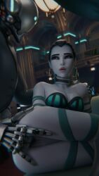 1boy 3d blizzard_entertainment fingering fingering_pussy fraxxlr french_female large_breasts overwatch overwatch_2 purple_skin robot robot_boy shaved_pussy two_fingers two_fingers_in_pussy widowmaker