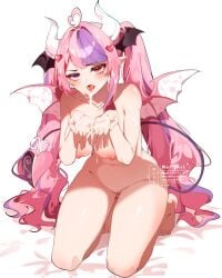 absurdres ahoge artist_logo artist_name big_breasts black_wings blush breasts brown_tail chromatic_aberration collarbone commentary completely_nude cum cum_in_mouth cum_on_body cum_on_hair cum_on_hands cum_string demon demon_girl demon_horns demon_tail demon_wings english_commentary facial female groin hair_ornament head_wings heart heart_ahoge heart_hair_ornament heterochromia higher_resolution_duplicate highres horns ironmouse kneeling large_breasts logo long_hair looking_at_viewer multicolored_hair multicolored_tail navel nipples nude open_mouth pink_eyes pink_hair pink_tail pink_wings purple_eyes purple_hair solo streaked_hair succubus tail thighs toes tongue tongue_out twintails twitter_username two-tone_hair two-tone_tail very_long_hair vgen_logo vgen_username virtual_youtuber vshojo weiic white_background white_horns wings