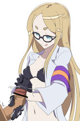 armband asahikawa bar_censor black_gloves blonde_hair blue_eyes bra censored clothing female glasses glovejob gloves half_gloves handjob labcoat licking_lips long_hair long_sleeves natasha_(sekai_seifuku) navel penis sekai_seifuku:_bouryaku_no_zvezda solo_focus tongue underwear very_long_hair white_background