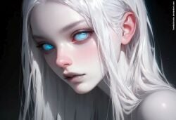 1girls ai_generated artist_name blue_eyes_female deviantart_username female_only ghost_girl glowing_eyes lewdaistories looking_at_viewer original_character pale-skinned_female solo_female web_address white_hair_female