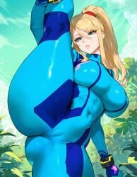 ai_generated bimbo blonde_hair curvy curvy_figure female female_focus fully_clothed green_eyes lucyla metroid samus_aran thick_ass tight_clothing voluptuous