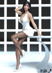 5ive5tar5 background black_hair cleavage final_fantasy final_fantasy_vii final_fantasy_vii_remake fit_female hand_behind_head high_heels lipstick low_cut_dress makeup one_leg_up pantyhose pose posing posing_for_the_viewer red_eyes seductive_look short_dress sitting_on_table stiletto_heels tifa_lockhart white_dress