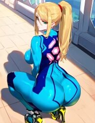 ai_generated big_ass bimbo blonde_hair bottom_heavy dat_ass female female_focus female_only fully_clothed green_eyes lucyla metroid nintendo samus_aran tight_clothing